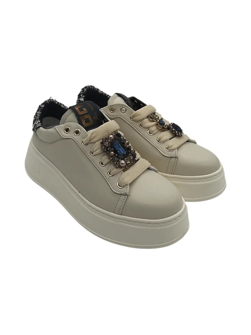 GIO+ Sneakers Donna PIA424 Pelle Panna con Gioielli e Dettagli Tweed
