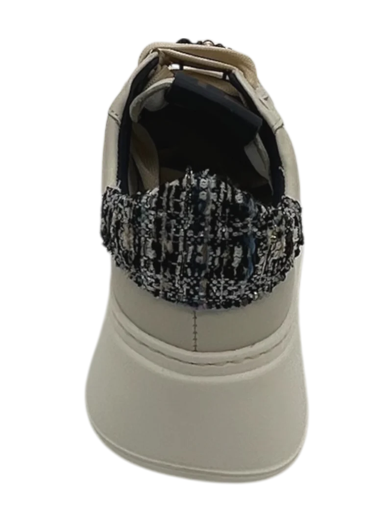 GIO+ Sneakers Donna PIA424 Pelle Panna con Gioielli e Dettagli Tweed