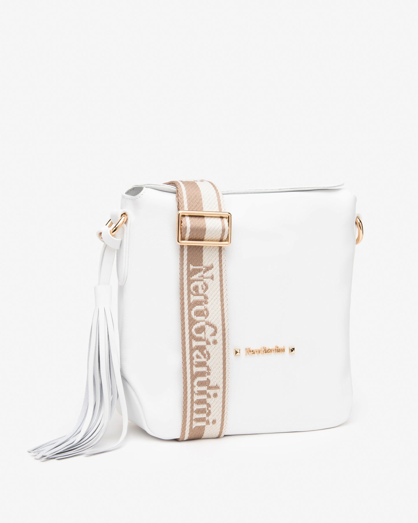 White Leather Bag with Fringe Accessory and Beautiful Shoulder Strap Nero Giardini