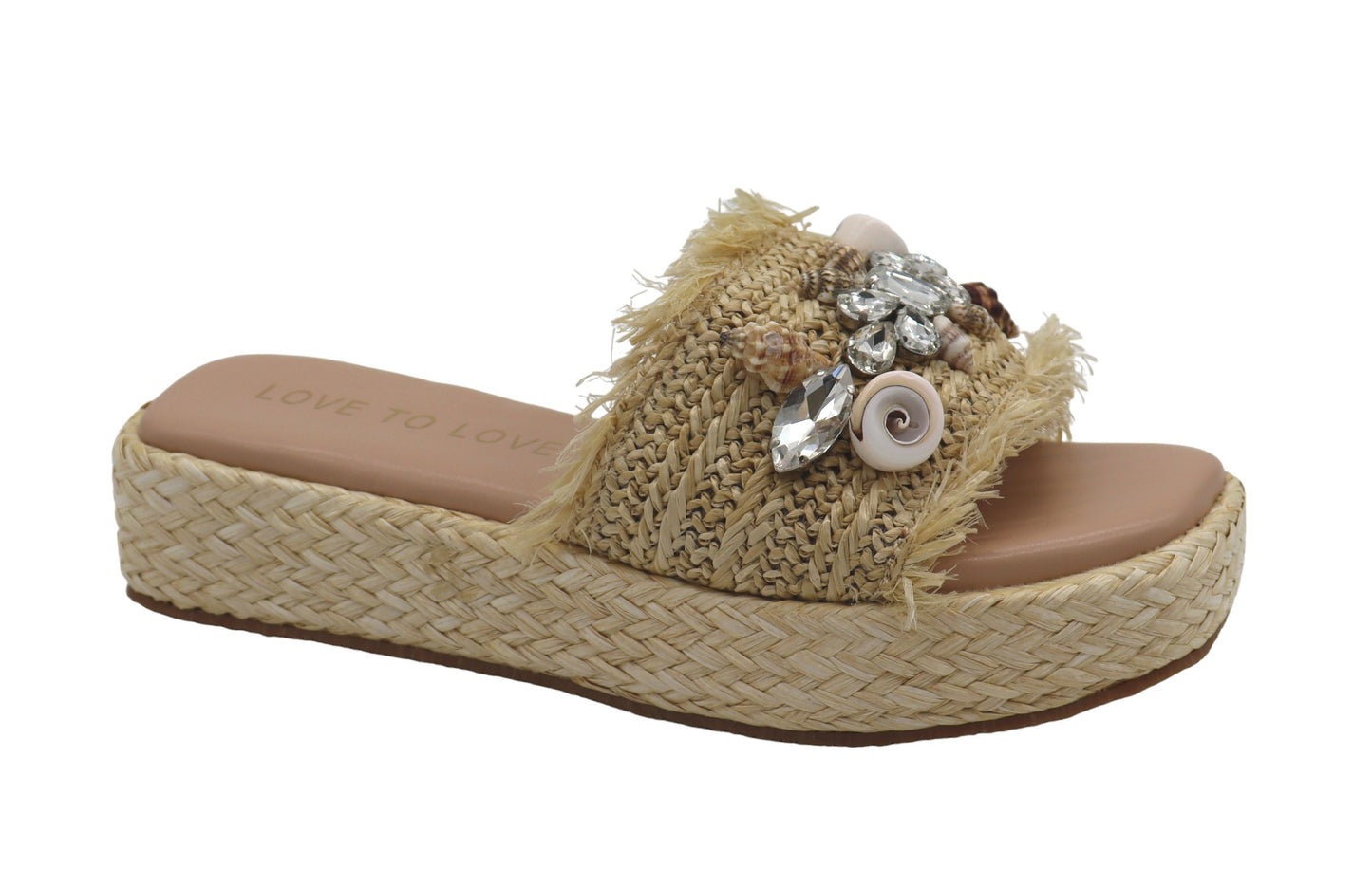 Ciabatta Gai Mattiolo con fascia in paglia, beige arricchita con pietre e conchiglie