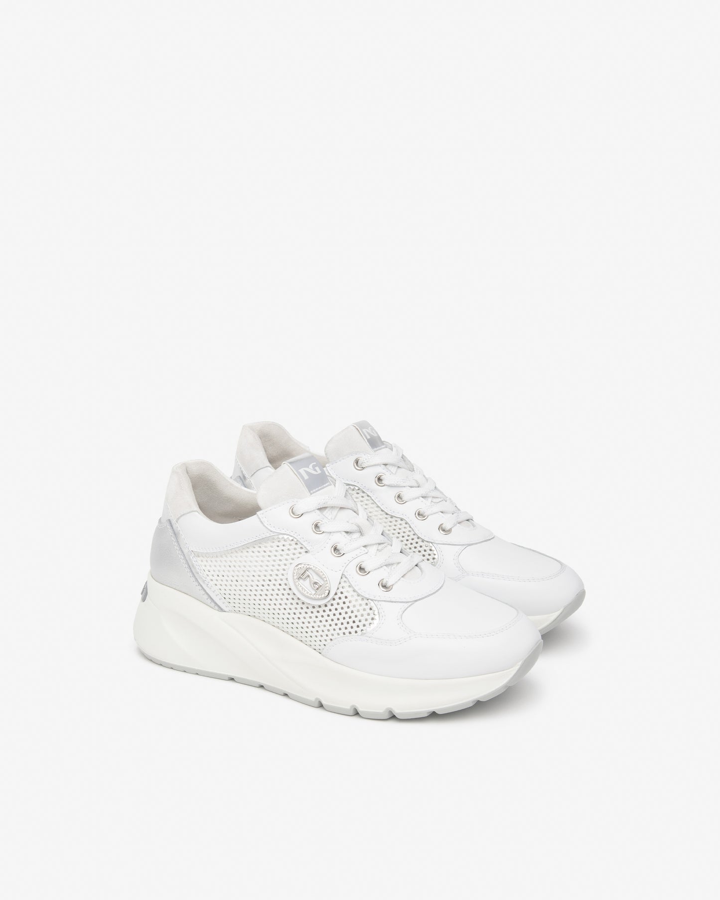 Nero Giardini  Sneakers da donna in pelle, tela e materiale tecnico E615180D 707 Bianca