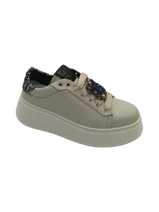 GIO+ Sneakers Donna PIA424 Pelle Panna con Gioielli e Dettagli Tweed